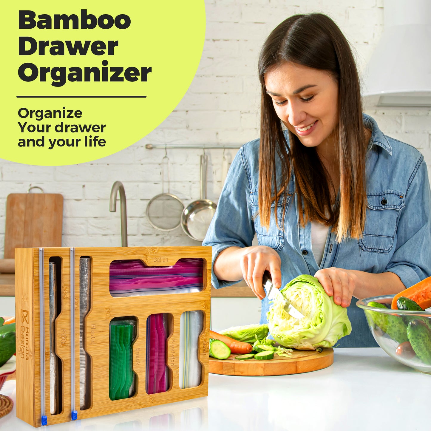 Burcha 6-in-1 Storage Bag Organizer for Ziploc Bag, Sandwich Bag Organizer for Kitchen Drawer and Wall Mount, Bamboo Foil and Plastic Wrap Organizer with Cutter, For Gallon Quart Snack (17 X 13 X 3.5)